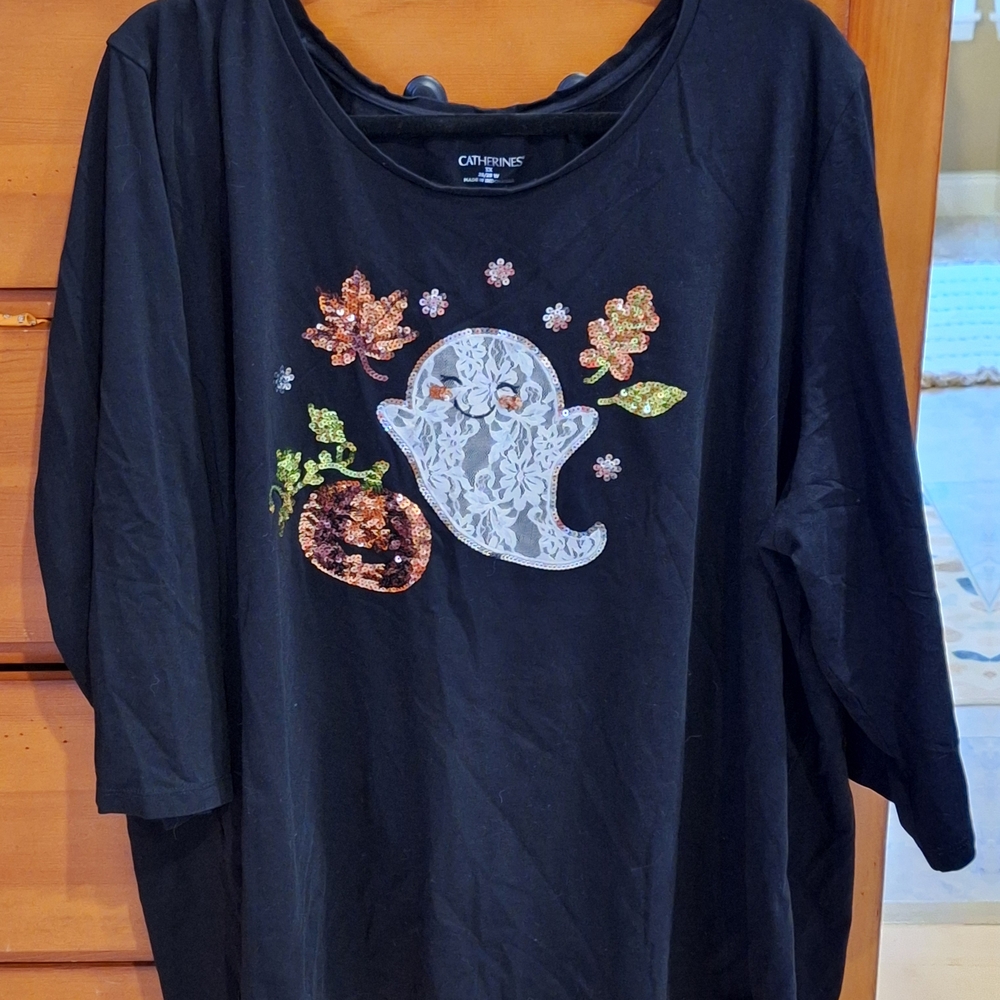 Catherines Black Halloween Tunic with Sequin Ghost Design